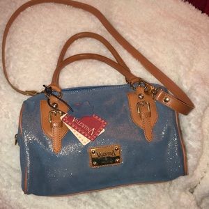 Valentina metallic blue suede hand bag